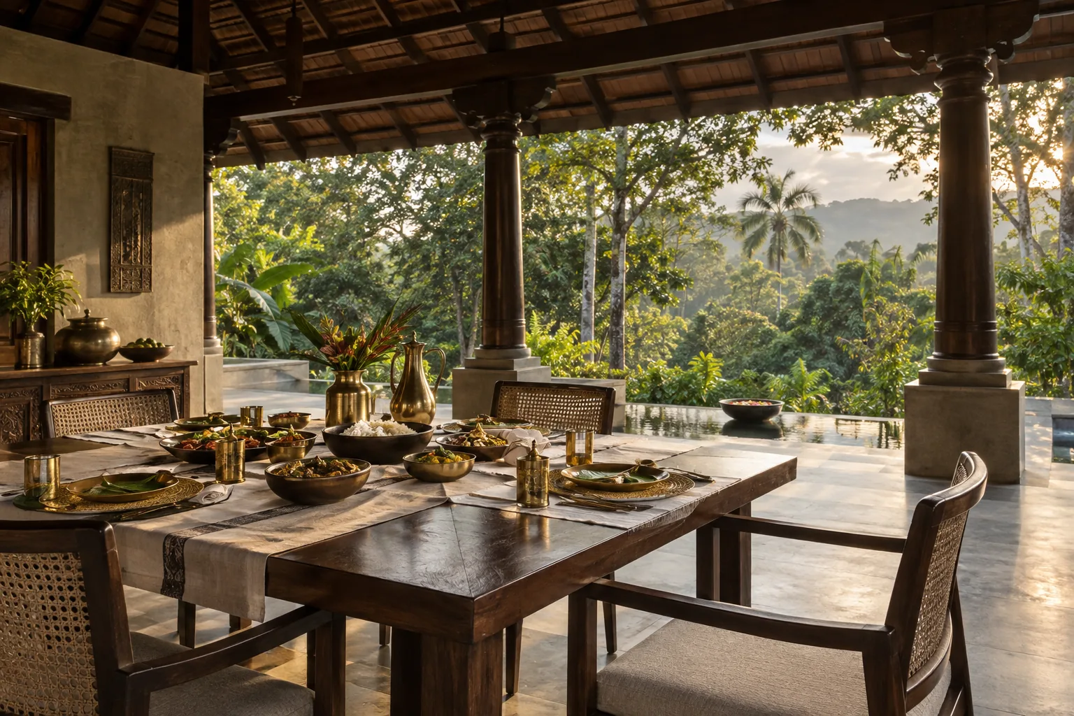 An open-air dining pavilion prepared for a local meal